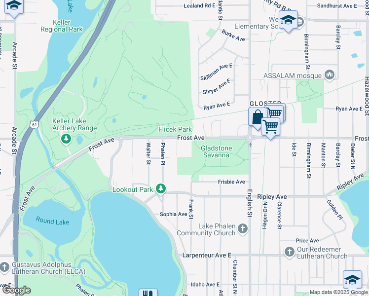 map of restaurants, bars, coffee shops, grocery stores, and more near 1160 Frost Avenue in Saint Paul