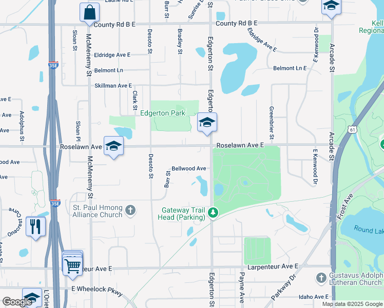 map of restaurants, bars, coffee shops, grocery stores, and more near 550 Roselawn Avenue East in Maplewood