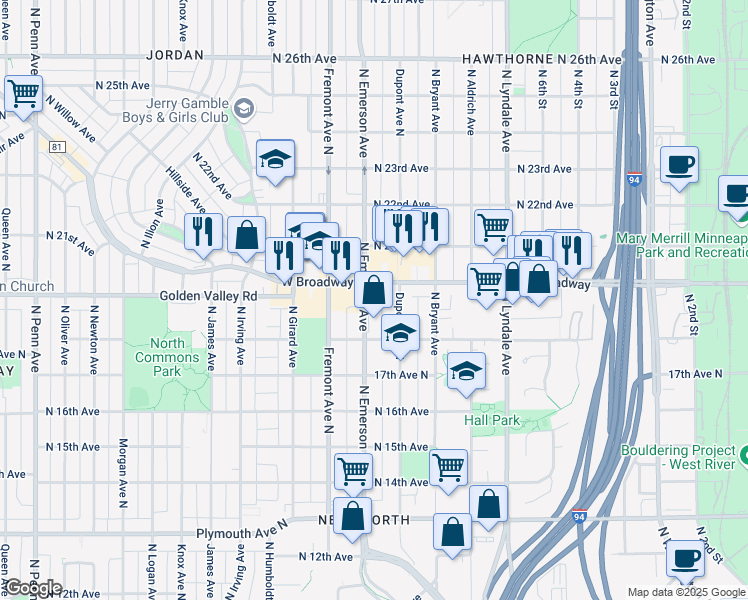 map of restaurants, bars, coffee shops, grocery stores, and more near 1834 North Emerson Avenue in Minneapolis