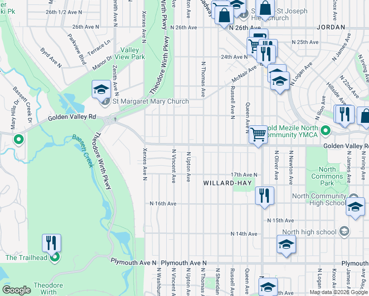 map of restaurants, bars, coffee shops, grocery stores, and more near 2705 Golden Valley Road in Minneapolis