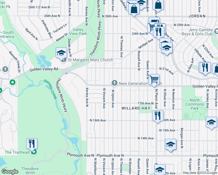 map of restaurants, bars, coffee shops, grocery stores, and more near 2705 Golden Valley Road in Minneapolis