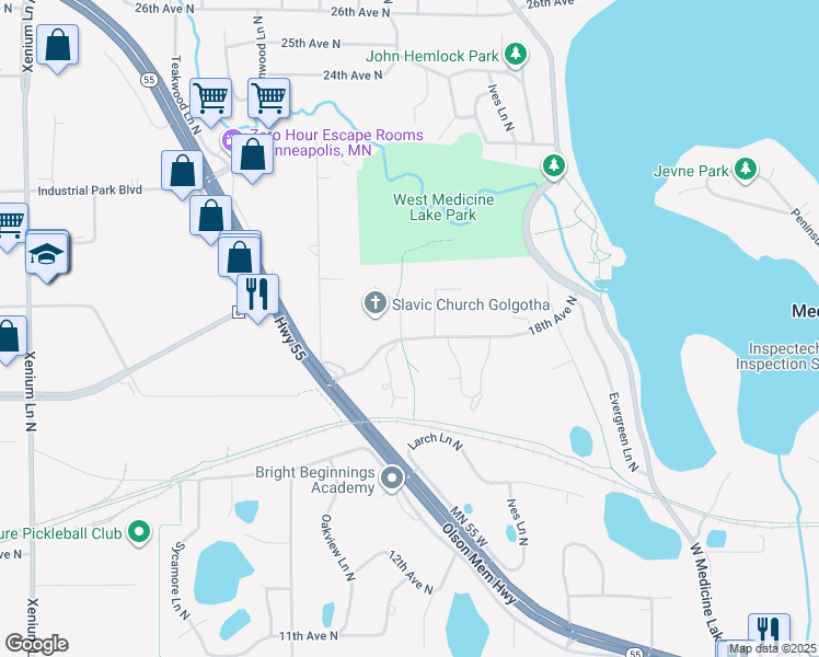 map of restaurants, bars, coffee shops, grocery stores, and more near 1800 Magnolia Lane North in Plymouth