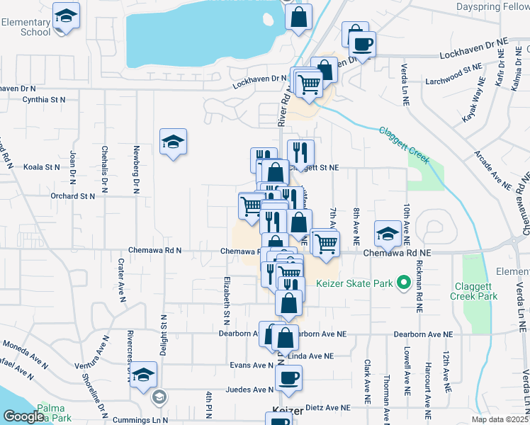 map of restaurants, bars, coffee shops, grocery stores, and more near 5115 River Road North in Salem
