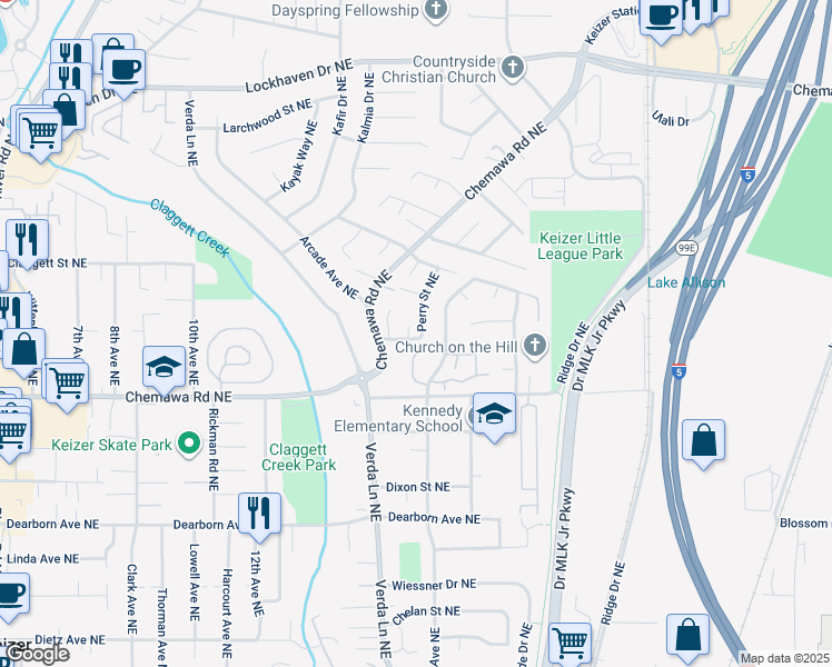 map of restaurants, bars, coffee shops, grocery stores, and more near 5117 Perry Street Northeast in Keizer