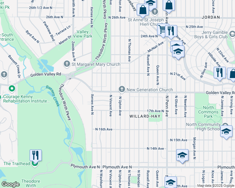 map of restaurants, bars, coffee shops, grocery stores, and more near 2705 Golden Valley Road in Minneapolis