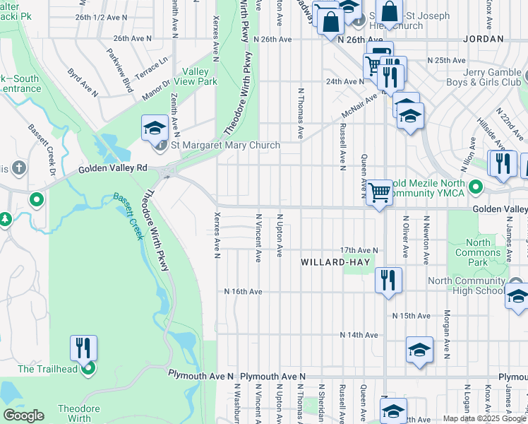 map of restaurants, bars, coffee shops, grocery stores, and more near 2721 Golden Valley Road in Minneapolis