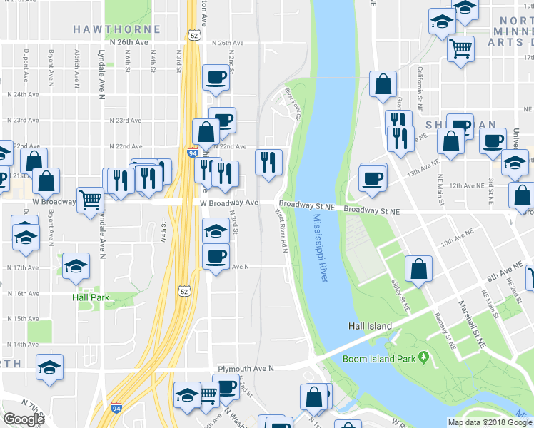 map of restaurants, bars, coffee shops, grocery stores, and more near 1977 West River Road North in Minneapolis
