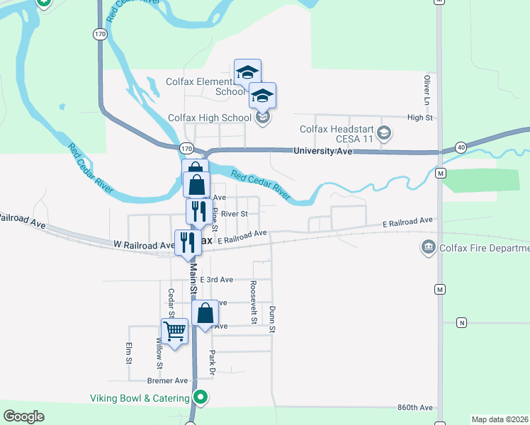 map of restaurants, bars, coffee shops, grocery stores, and more near 610 River Street in Colfax