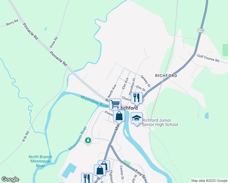 map of restaurants, bars, coffee shops, grocery stores, and more near 30 North Avenue in Richford