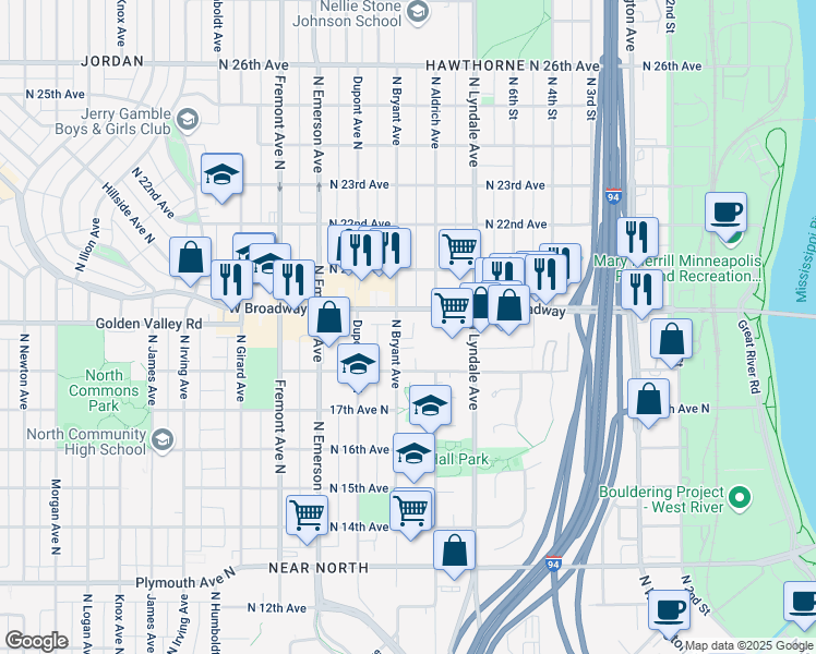 map of restaurants, bars, coffee shops, grocery stores, and more near 835 W Broadway in Minneapolis