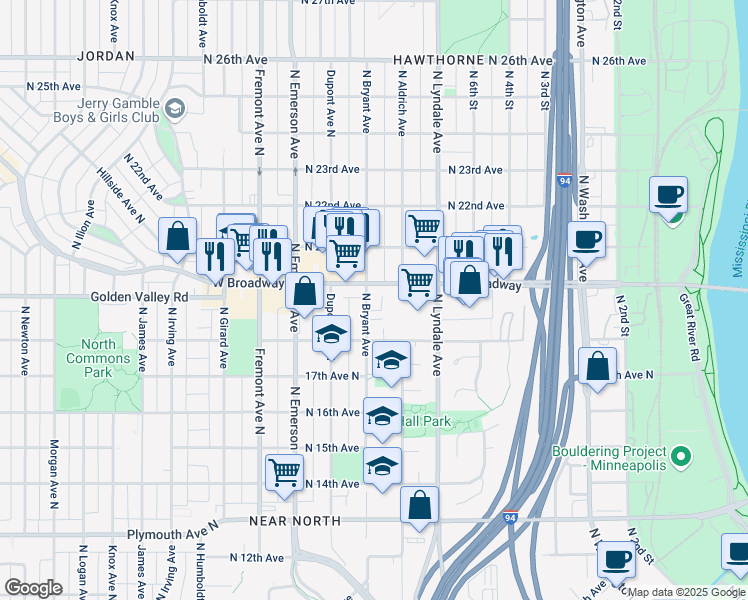 map of restaurants, bars, coffee shops, grocery stores, and more near 835 W Broadway in Minneapolis