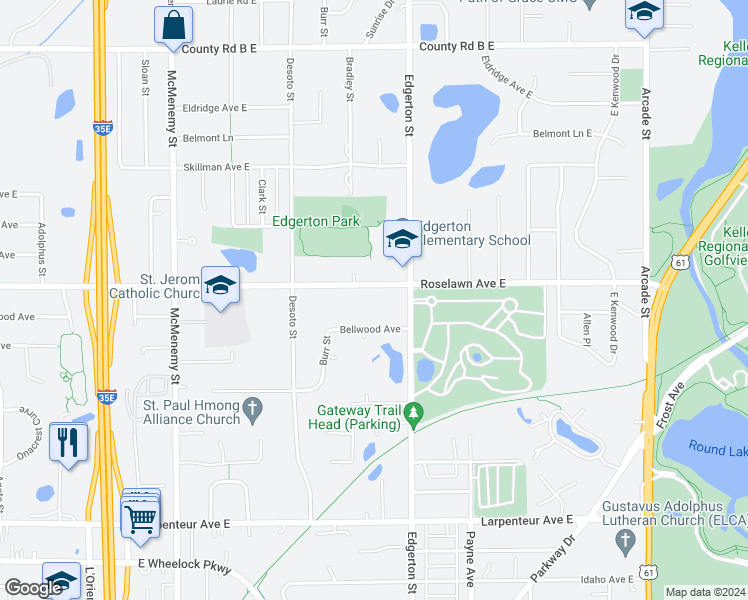 map of restaurants, bars, coffee shops, grocery stores, and more near 550 Roselawn Avenue East in Maplewood