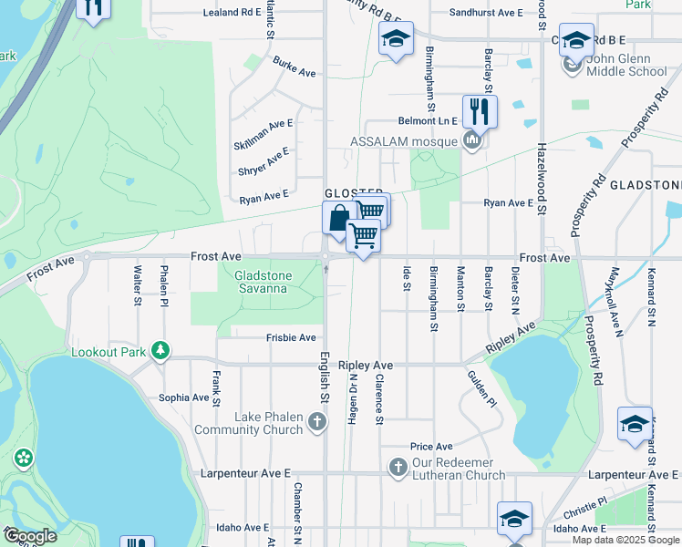 map of restaurants, bars, coffee shops, grocery stores, and more near 1310 Frost Avenue in Saint Paul