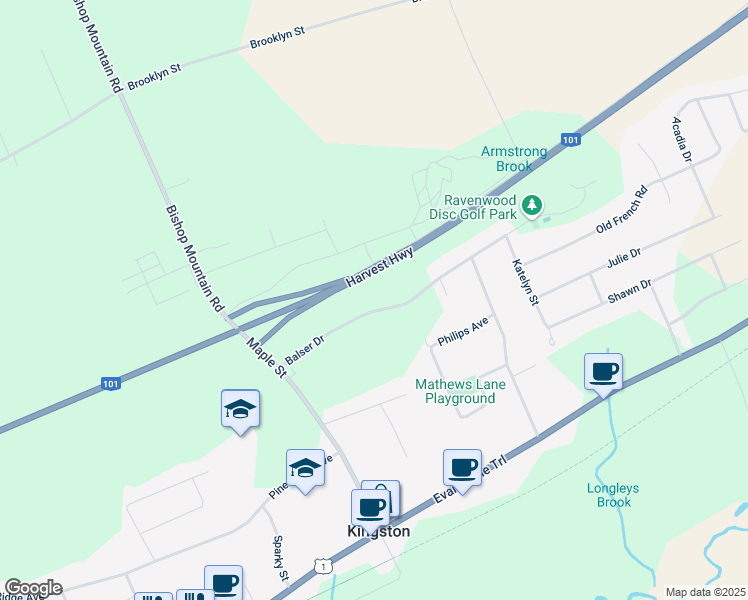 map of restaurants, bars, coffee shops, grocery stores, and more near 719 Balser Drive in Kingston