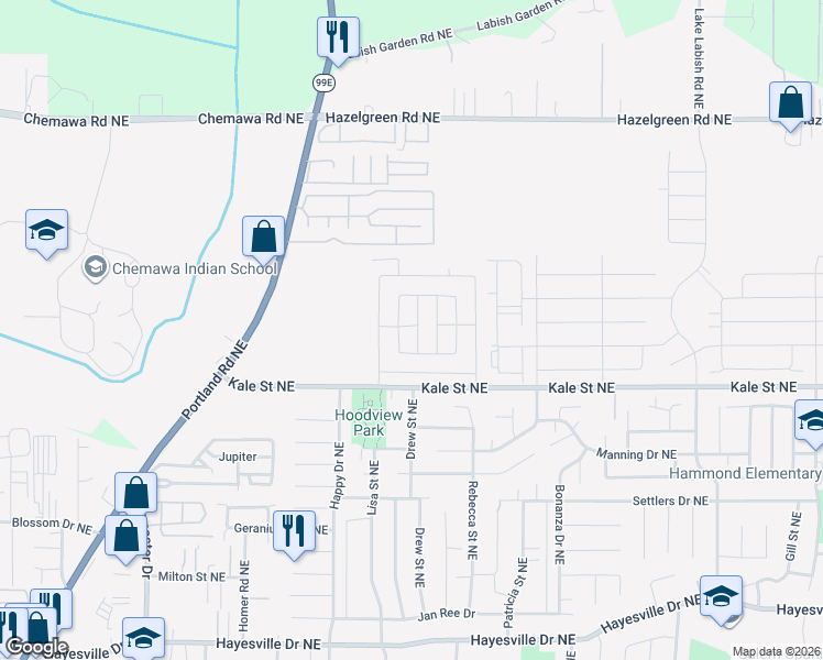 map of restaurants, bars, coffee shops, grocery stores, and more near 5264 Silver Loop Northeast in Salem
