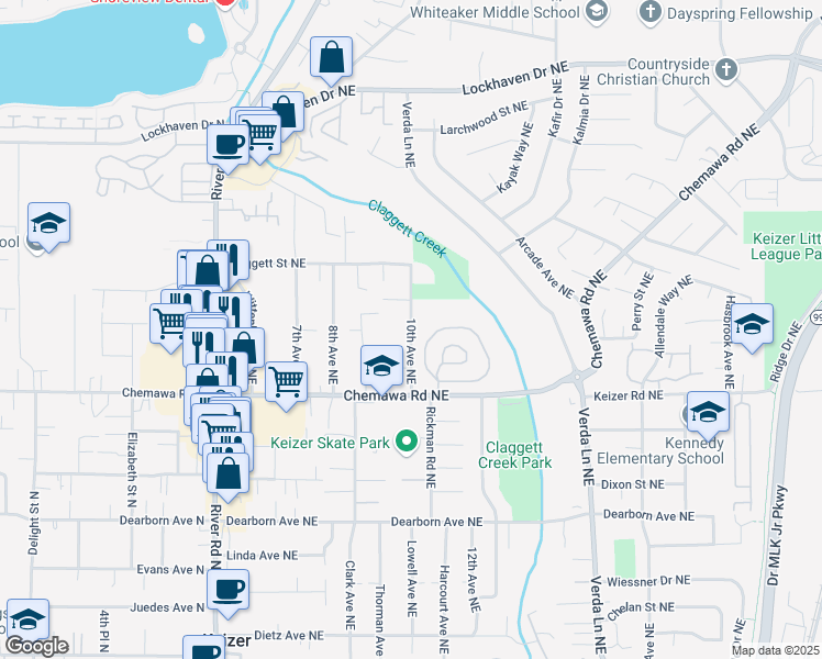 map of restaurants, bars, coffee shops, grocery stores, and more near 5099 10th Avenue Northeast in Keizer