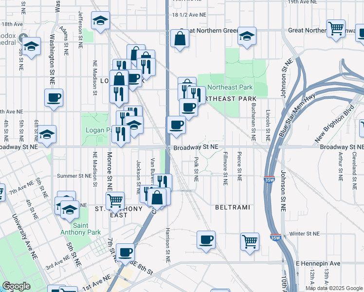 map of restaurants, bars, coffee shops, grocery stores, and more near 1000 Broadway Street Northeast in Minneapolis