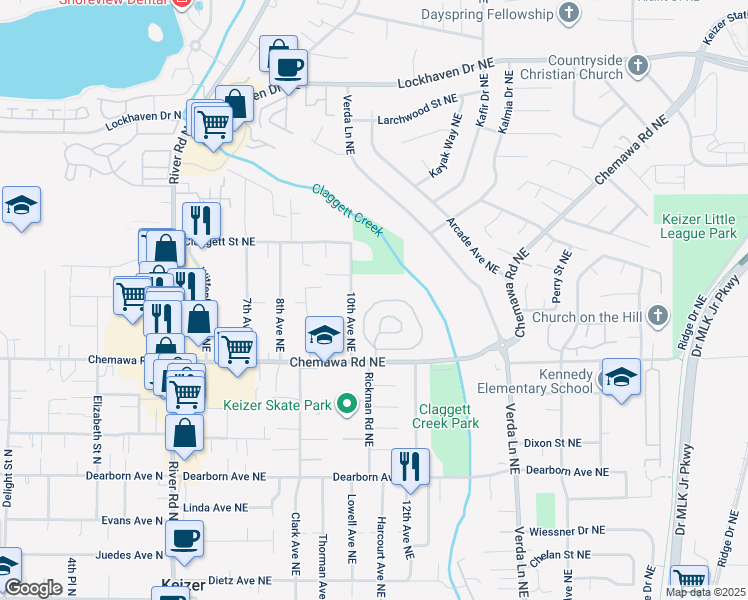 map of restaurants, bars, coffee shops, grocery stores, and more near 1182 Chemawa Loop Northeast in Keizer