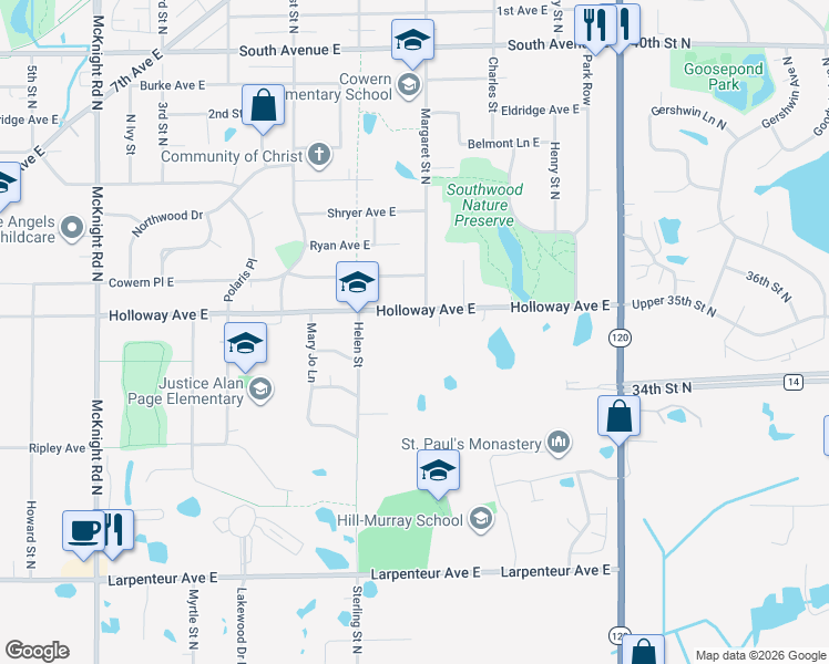 map of restaurants, bars, coffee shops, grocery stores, and more near 2556 Holloway Avenue East in Maplewood