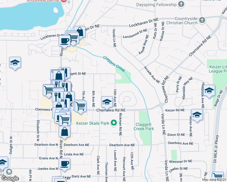 map of restaurants, bars, coffee shops, grocery stores, and more near 5105 10th Avenue Northeast in Keizer