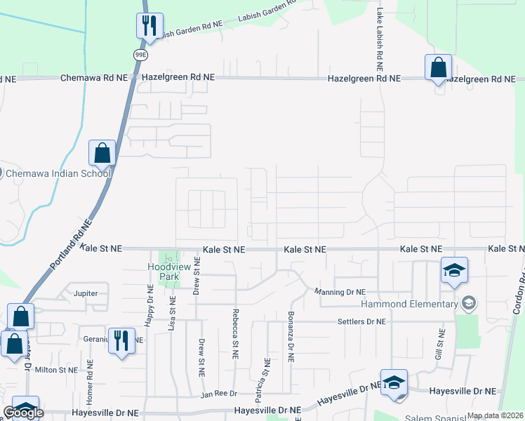 map of restaurants, bars, coffee shops, grocery stores, and more near 5115 Countryside Drive Northeast in Salem