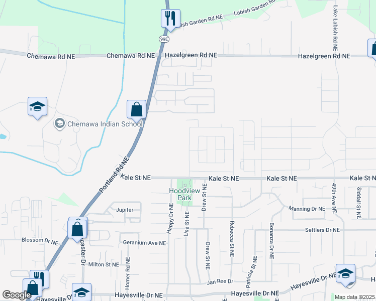 map of restaurants, bars, coffee shops, grocery stores, and more near 5025 Copper Creek Loop Northeast in Salem