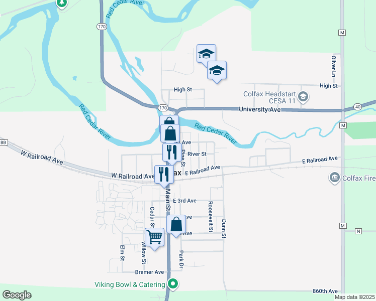 map of restaurants, bars, coffee shops, grocery stores, and more near 510 River Street in Colfax