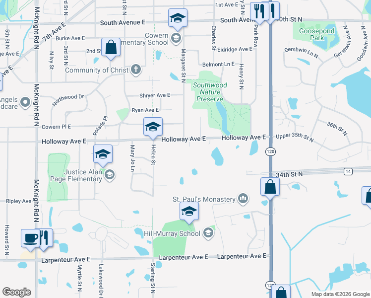 map of restaurants, bars, coffee shops, grocery stores, and more near 2556 Holloway Avenue East in Maplewood