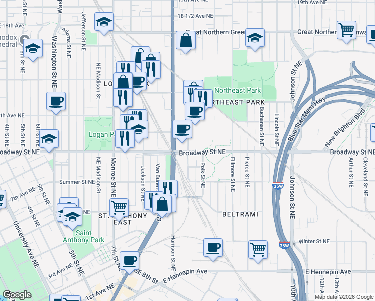 map of restaurants, bars, coffee shops, grocery stores, and more near 1000 Broadway Street Northeast in Minneapolis