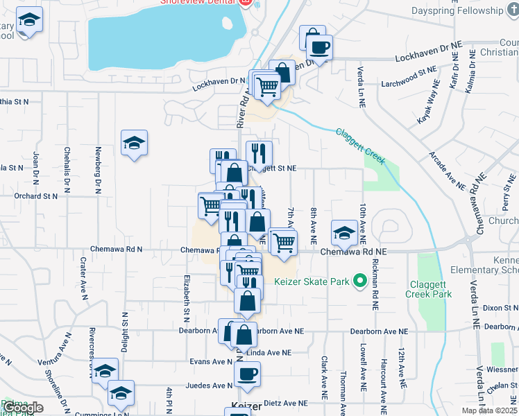 map of restaurants, bars, coffee shops, grocery stores, and more near 5120 Witenberg Lane Northeast in Keizer