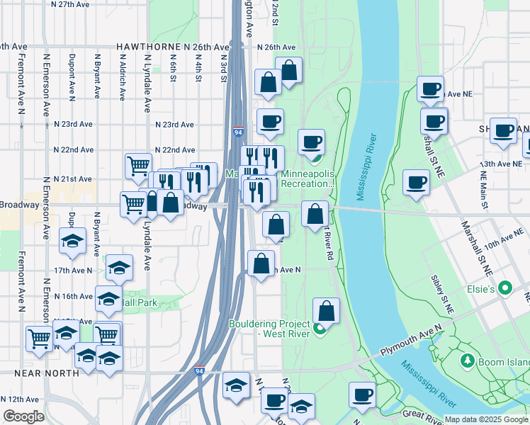 map of restaurants, bars, coffee shops, grocery stores, and more near 201 West Broadway Avenue in Minneapolis