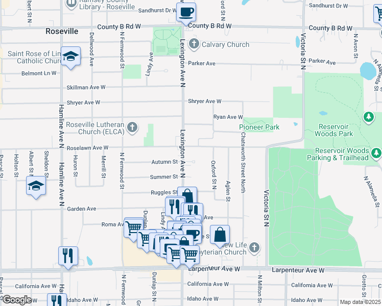 map of restaurants, bars, coffee shops, grocery stores, and more near 1890 Lexington Avenue North in Roseville