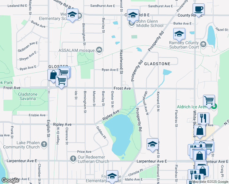 map of restaurants, bars, coffee shops, grocery stores, and more near 1908 Dieter Street North in Saint Paul