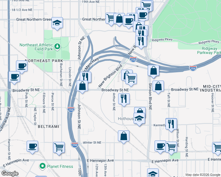 map of restaurants, bars, coffee shops, grocery stores, and more near 1915 Broadway Street Northeast in Minneapolis