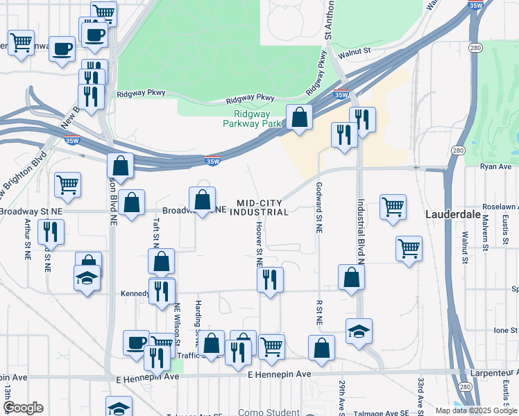 map of restaurants, bars, coffee shops, grocery stores, and more near 1100 Hoover Street Northeast in Minneapolis