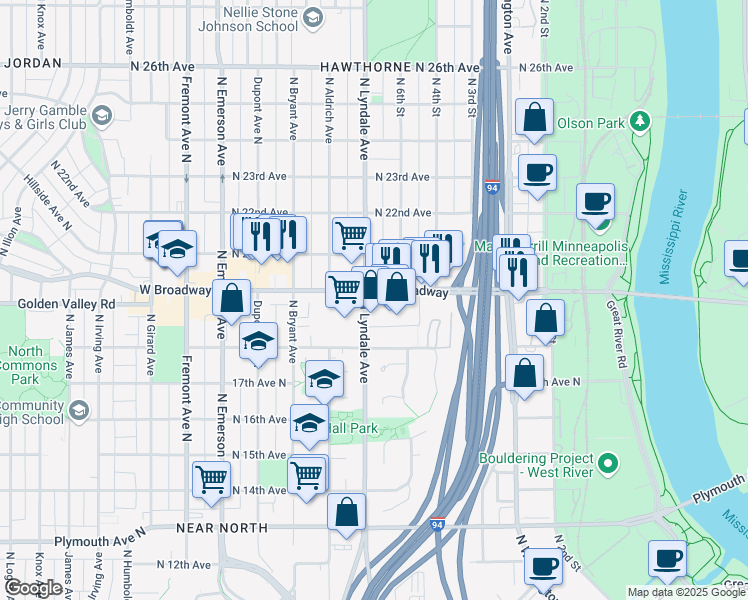 map of restaurants, bars, coffee shops, grocery stores, and more near 621 West Broadway Avenue in Minneapolis