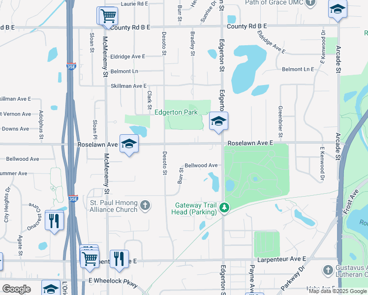 map of restaurants, bars, coffee shops, grocery stores, and more near 500 Roselawn Avenue East in Maplewood