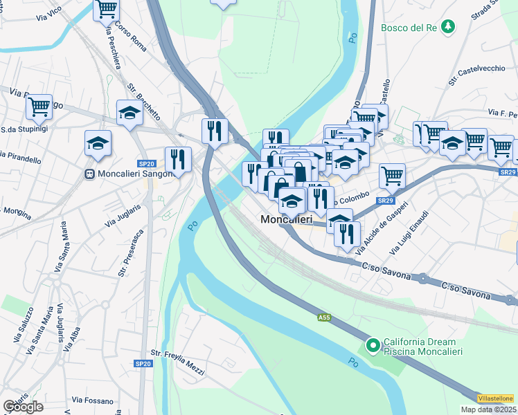 map of restaurants, bars, coffee shops, grocery stores, and more near 7A Via Martiri della Libertà in Moncalieri