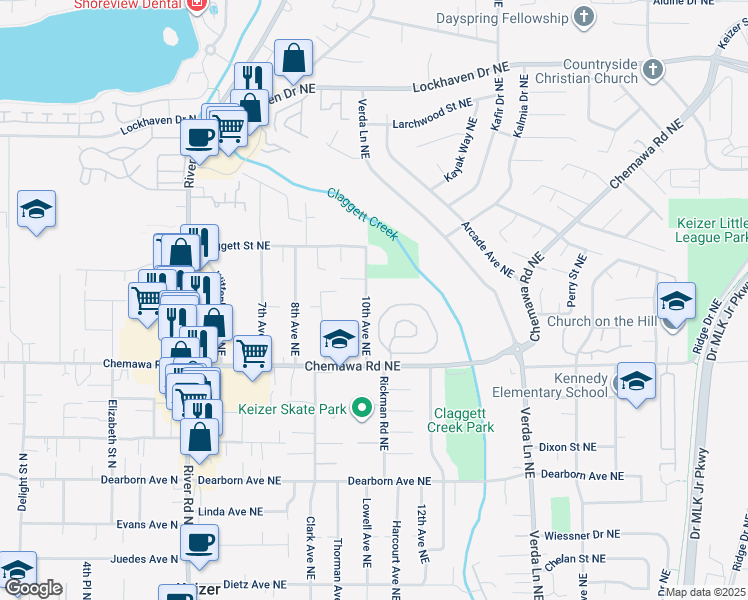 map of restaurants, bars, coffee shops, grocery stores, and more near 1182 Chemawa Loop Northeast in Keizer