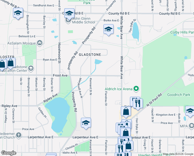 map of restaurants, bars, coffee shops, grocery stores, and more near 1916 Kennard Street North in Maplewood