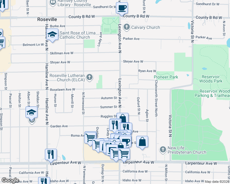 map of restaurants, bars, coffee shops, grocery stores, and more near 1115 Autumn Street in Roseville