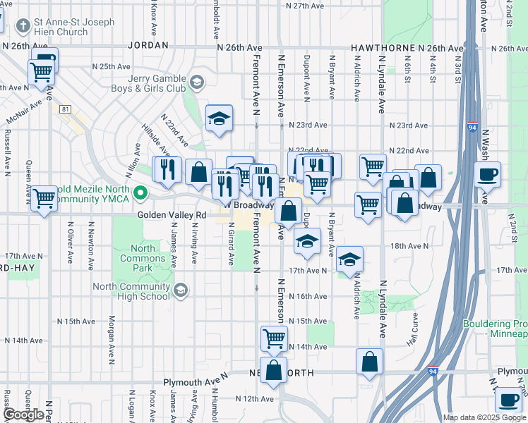 map of restaurants, bars, coffee shops, grocery stores, and more near 1830 North Fremont Avenue in Minneapolis