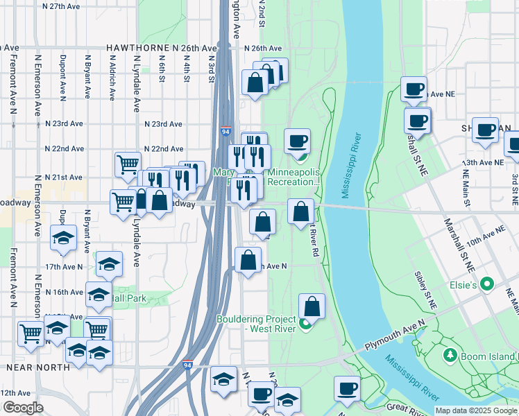 map of restaurants, bars, coffee shops, grocery stores, and more near 201 West Broadway Avenue in Minneapolis