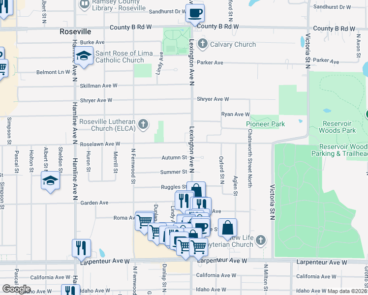 map of restaurants, bars, coffee shops, grocery stores, and more near 1115 Autumn Street in Roseville
