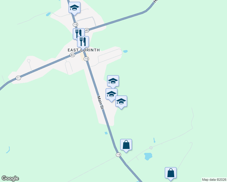 map of restaurants, bars, coffee shops, grocery stores, and more near 386 Main Street in Corinth