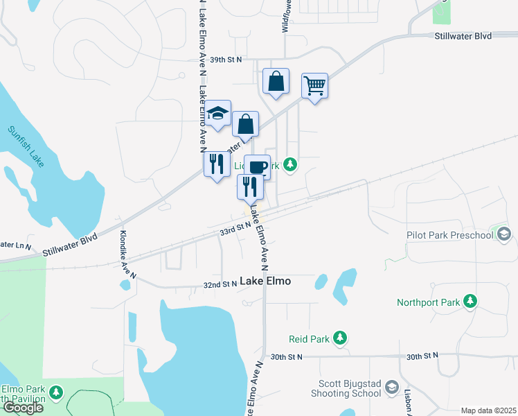 map of restaurants, bars, coffee shops, grocery stores, and more near 3449 Lake Elmo Avenue North in Lake Elmo