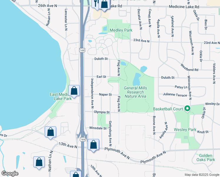 map of restaurants, bars, coffee shops, grocery stores, and more near 1636 Hillsboro Avenue North in Minneapolis