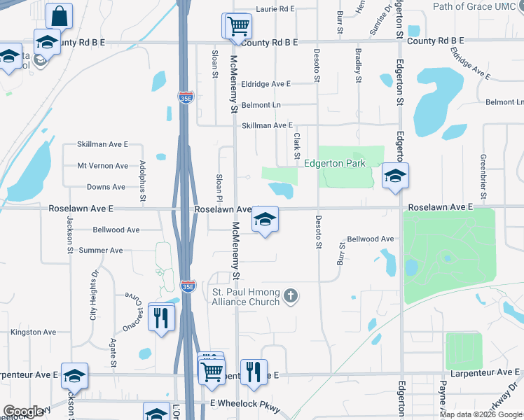 map of restaurants, bars, coffee shops, grocery stores, and more near 384 Roselawn Avenue East in Maplewood