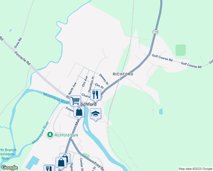 map of restaurants, bars, coffee shops, grocery stores, and more near 63 Province Street in Richford