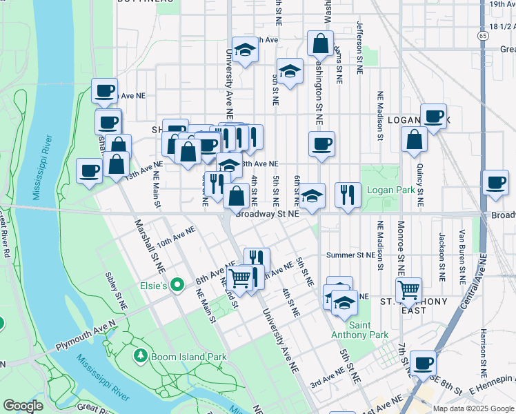 map of restaurants, bars, coffee shops, grocery stores, and more near 416 Broadway Street Northeast in Minneapolis
